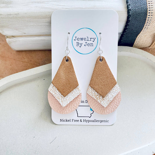 Triple Stacked Teardrop Earrings: Tan, Weathered White & Blush