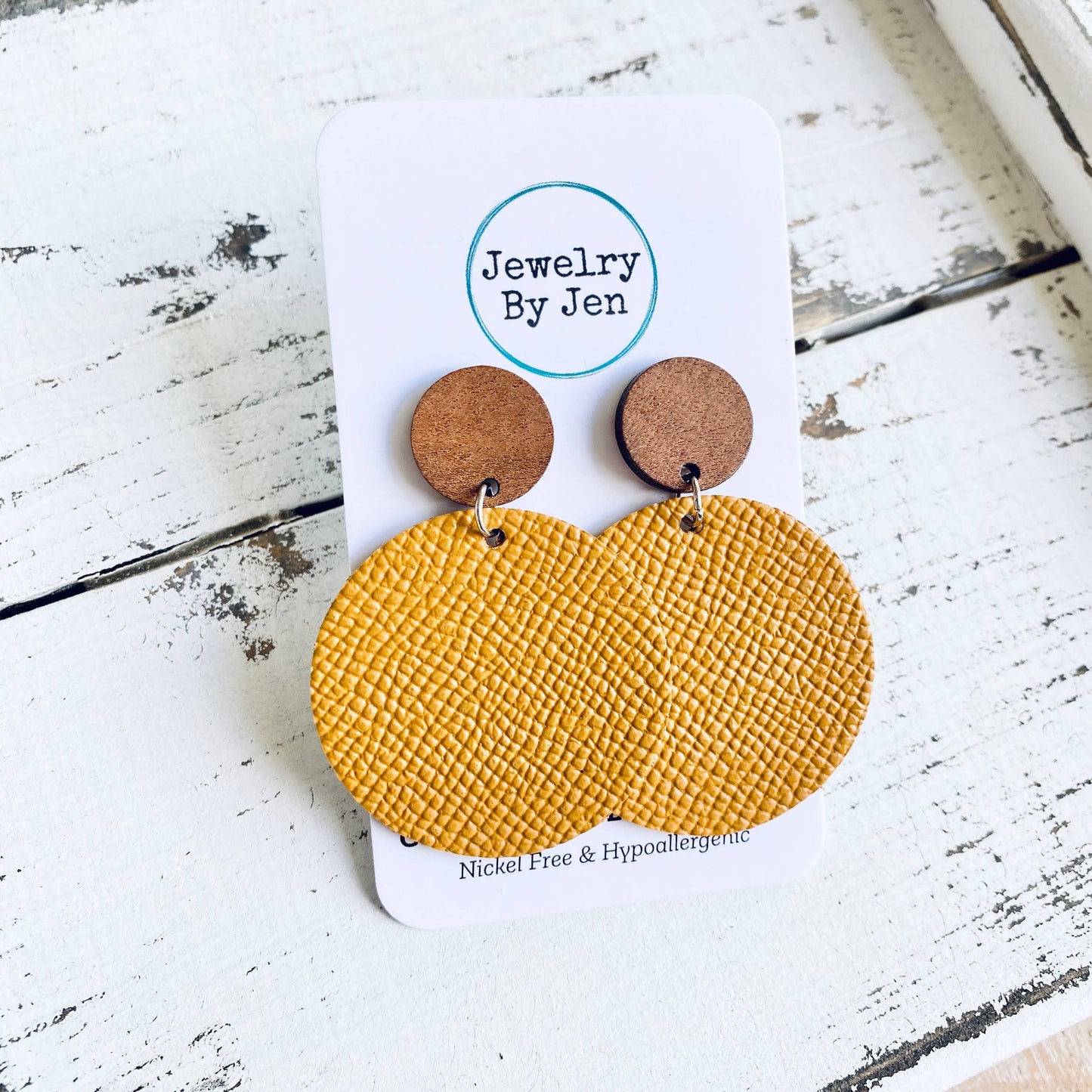 Wood Stud Earring: Mustard Saffiano