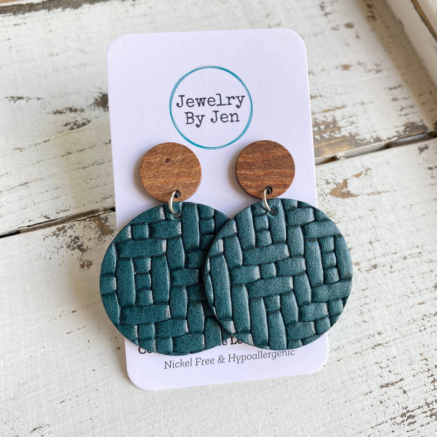 Wood Stud Earring: Teal Weaved