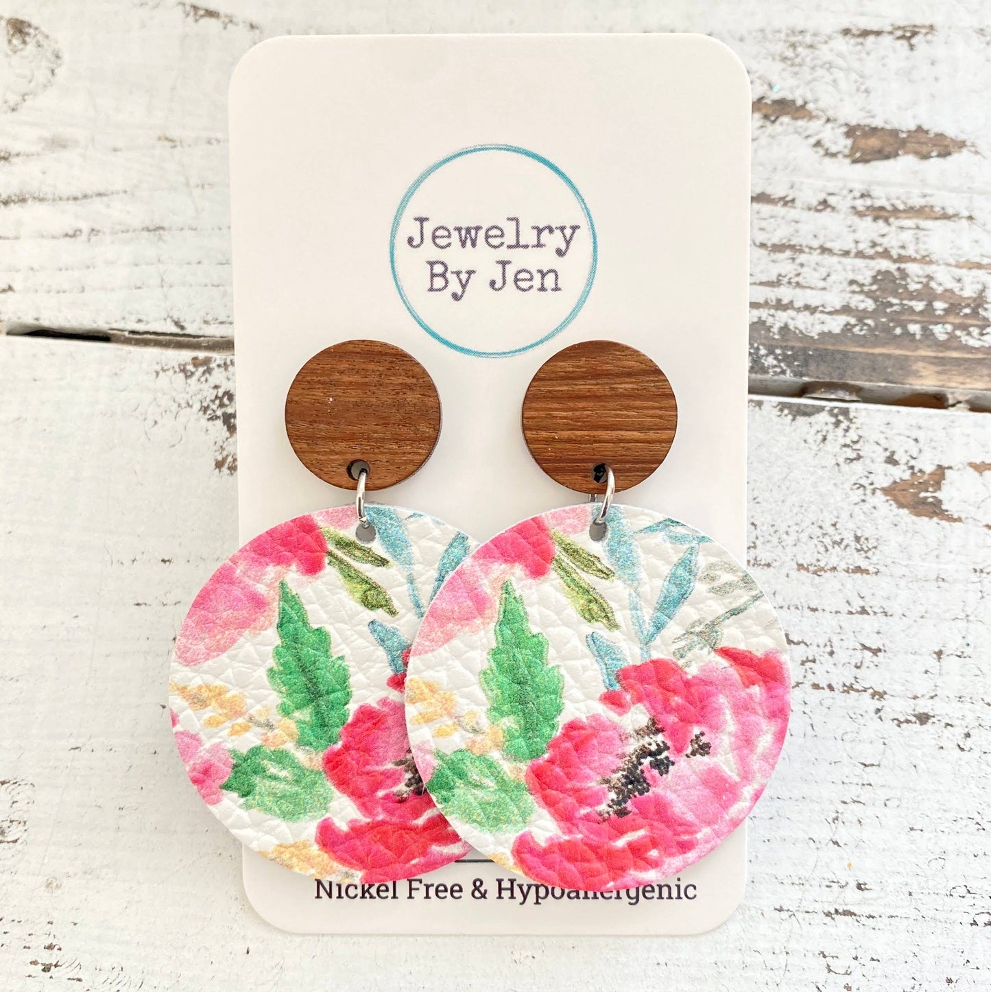 Wood Stud Earring: Watercolor Peonies & Roses