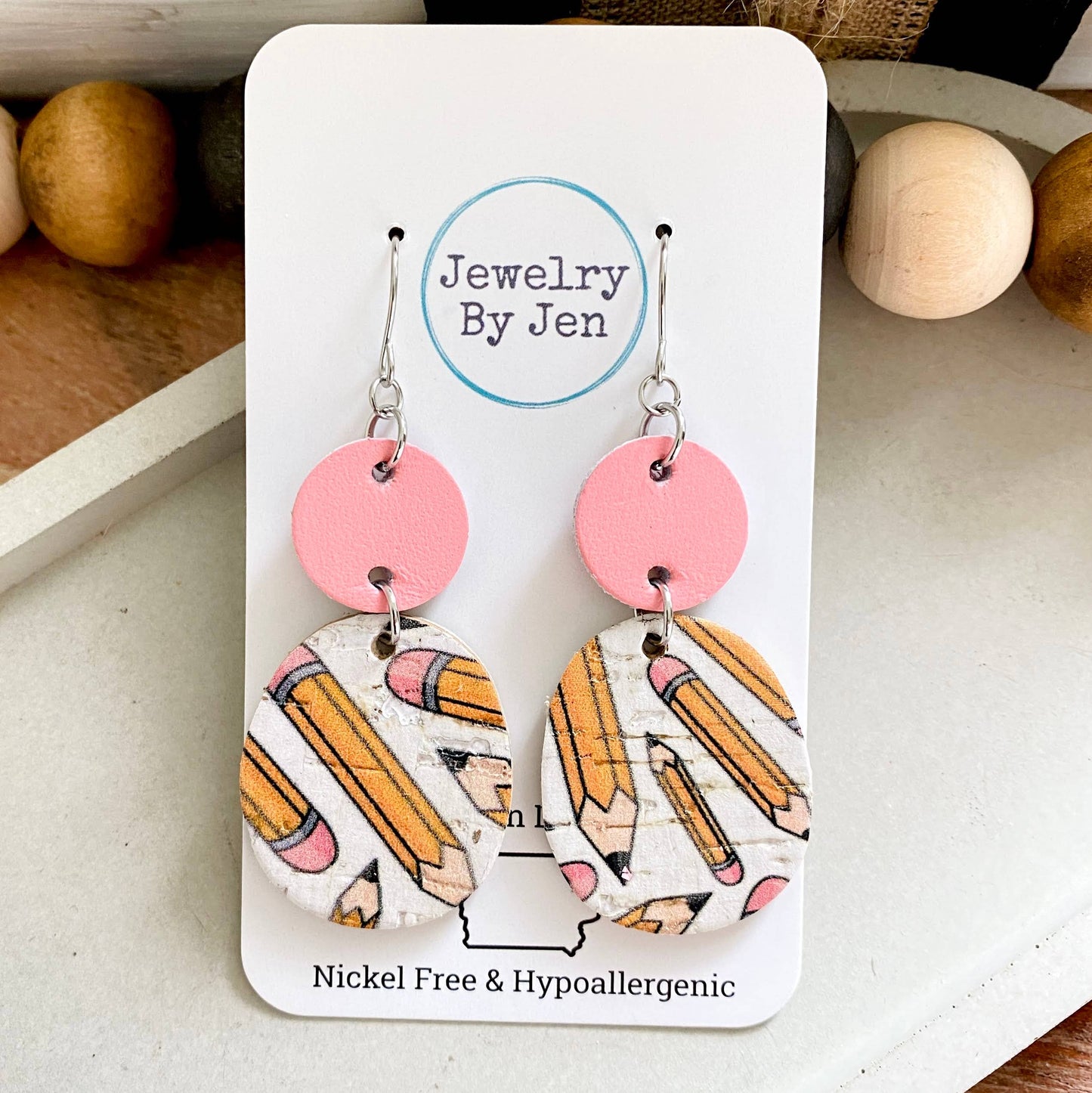 Eraser Pink & Pencils Rounded Square Earrings