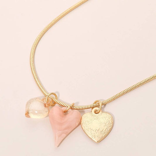 Triple Heart Charm Snake Chain Necklace