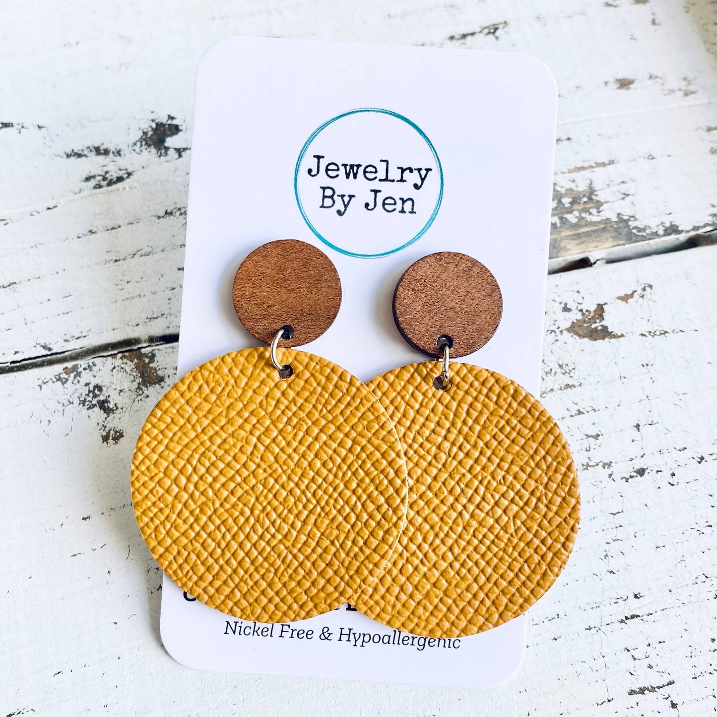 Wood Stud Earring: Mustard Saffiano