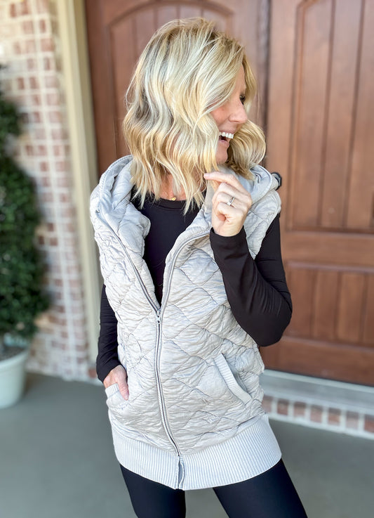 Oversized Quilted Vest w/ Hood -- Taupe