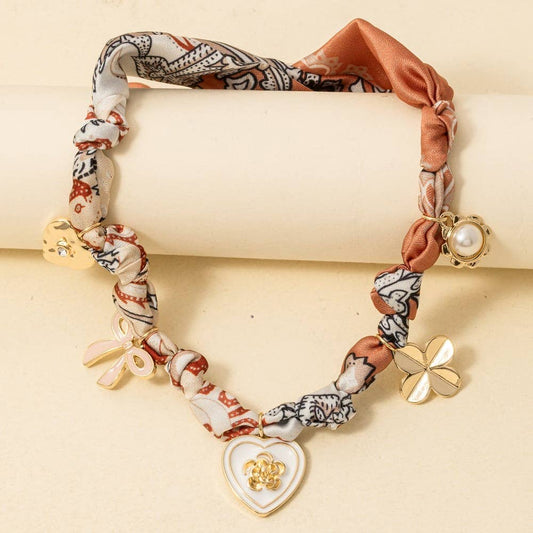 Enamel Heart And Ribbon Bow Charms Bandana Knotted Necklace