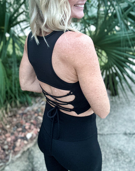 Lace Back Longline Active Tank -- Black