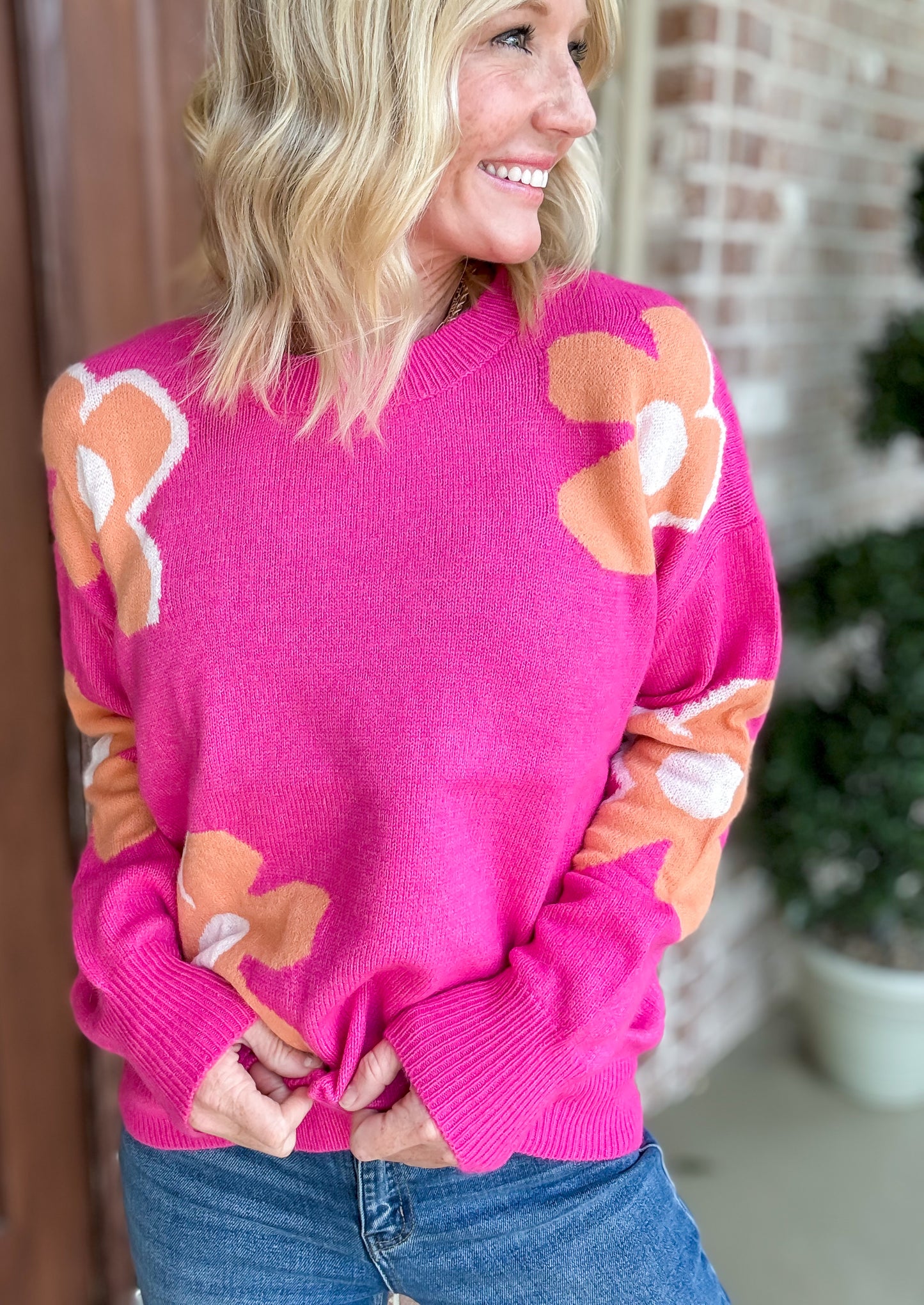 Floral Retro Vibes Sweater-- Hot Pink