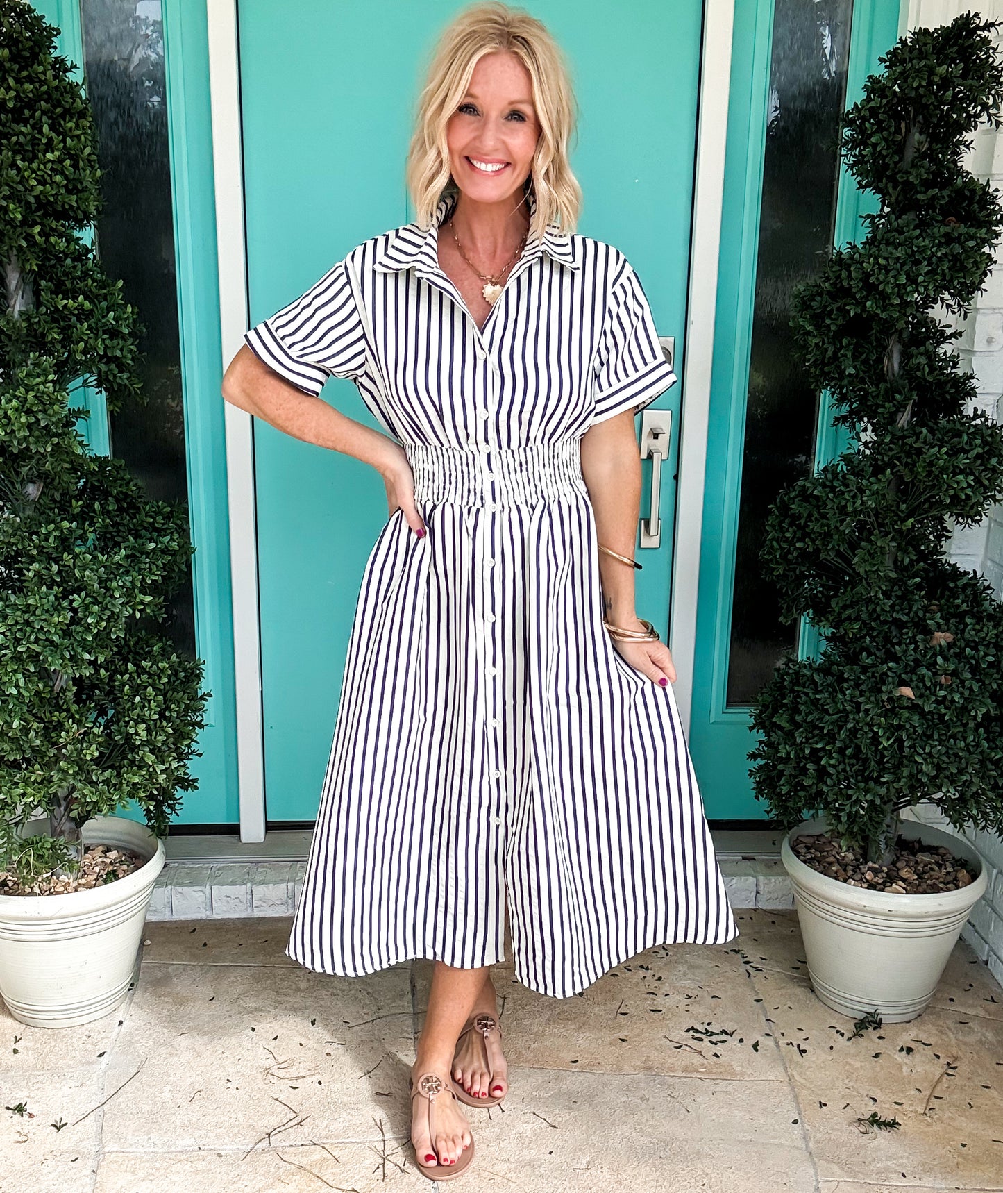 Harbor Stripe Smocked Midi Dress