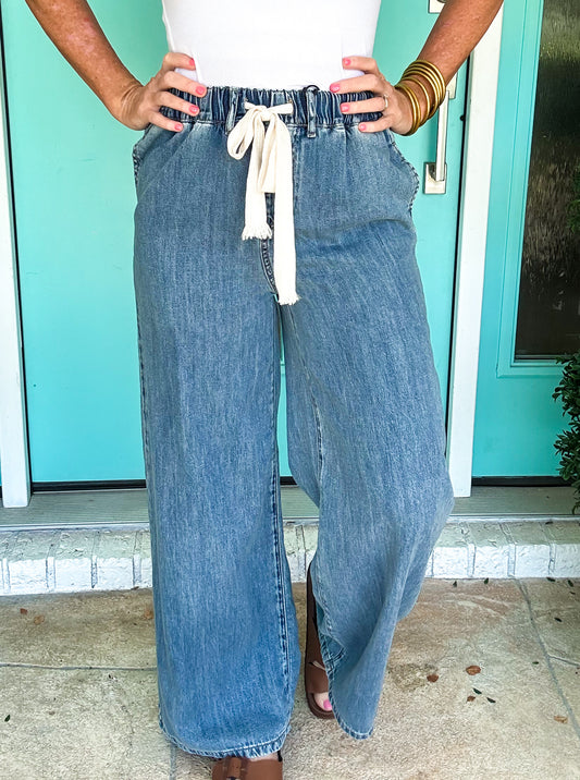Drawstring Wide Leg Jeans