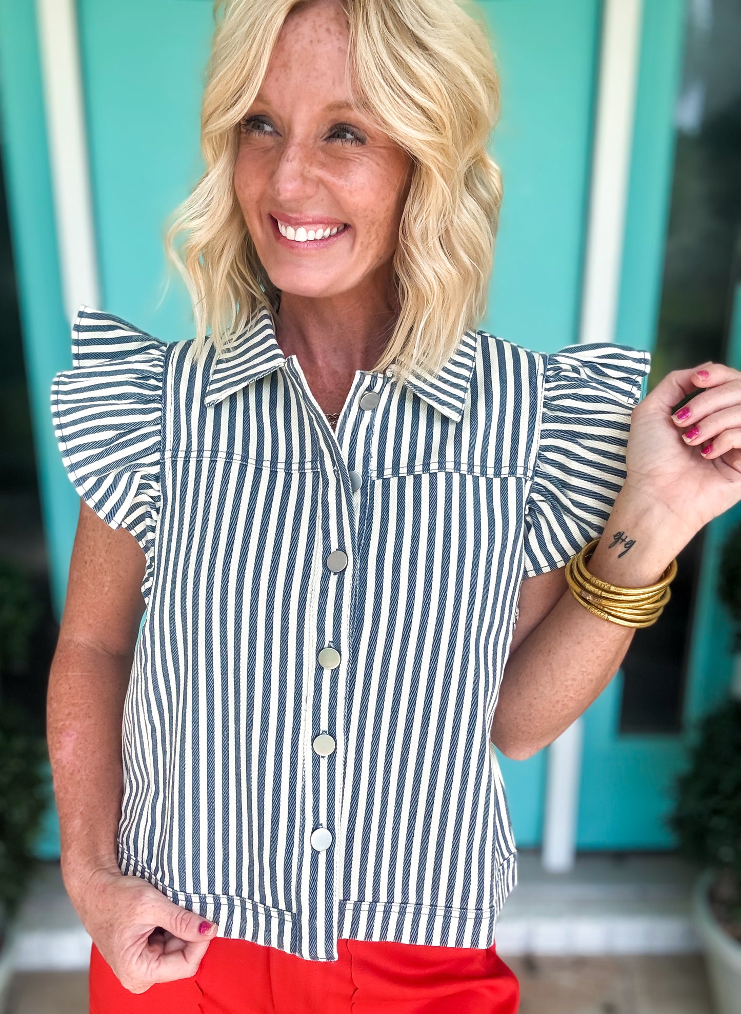 Striped Denim Button Up Top
