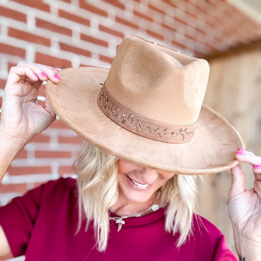 Embroidered Flower Strap Fedora Hat