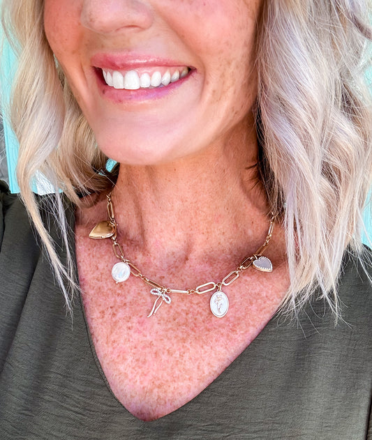 Heart, Pearl, & Bow Charm Necklace