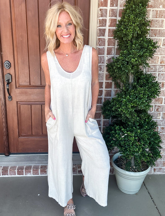 For Saturday’s Linen Jumpsuit -- Oatmeal