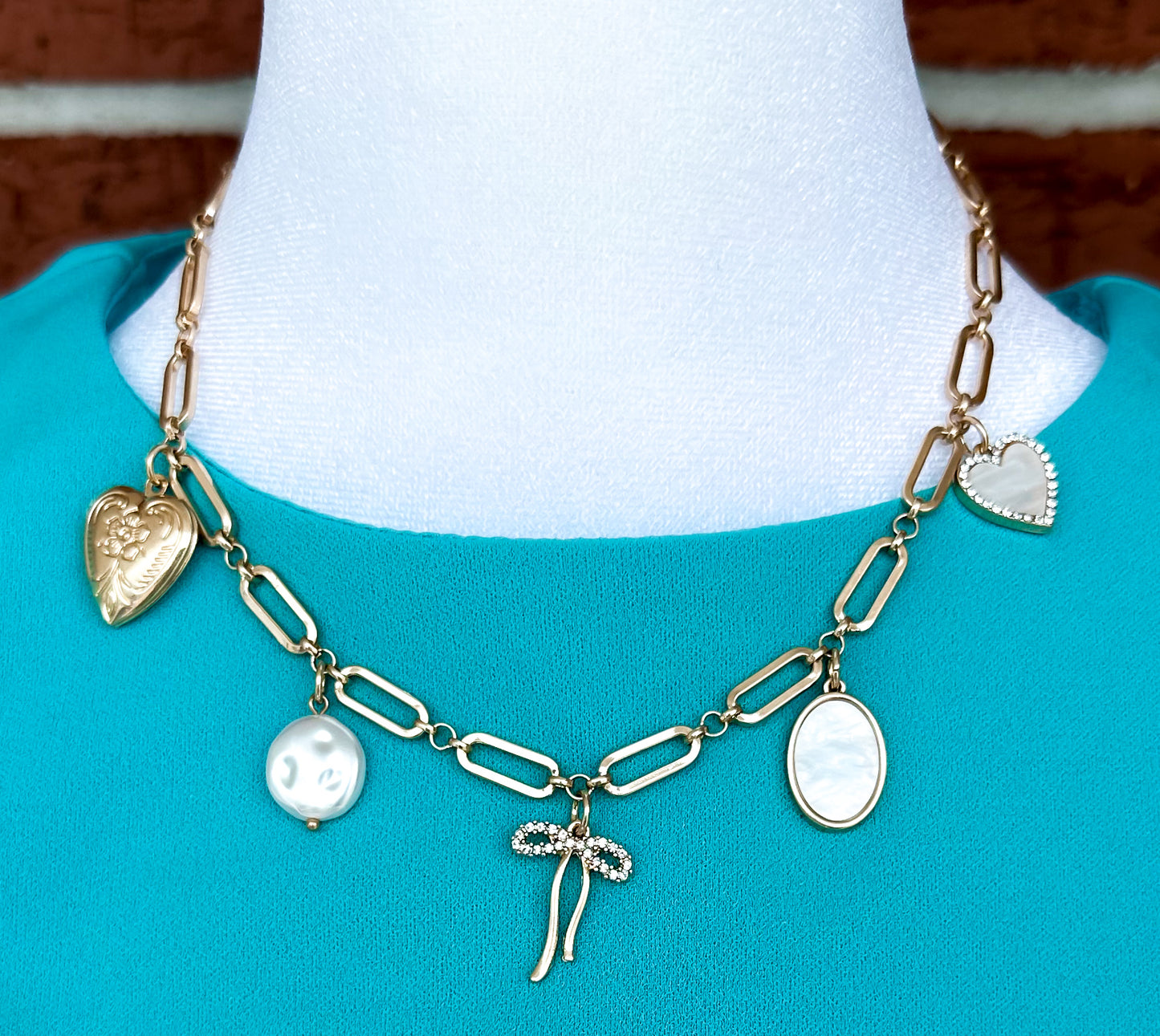 Heart, Pearl, & Bow Charm Necklace