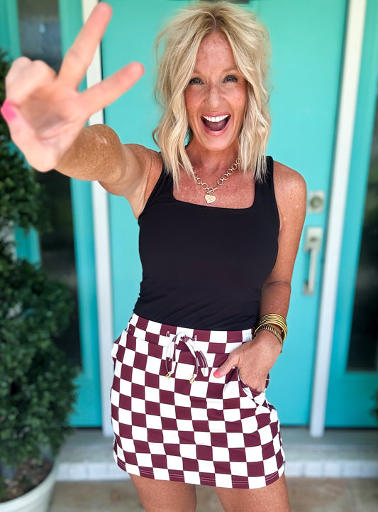 Let's Go Team Maroon Checkered Skort