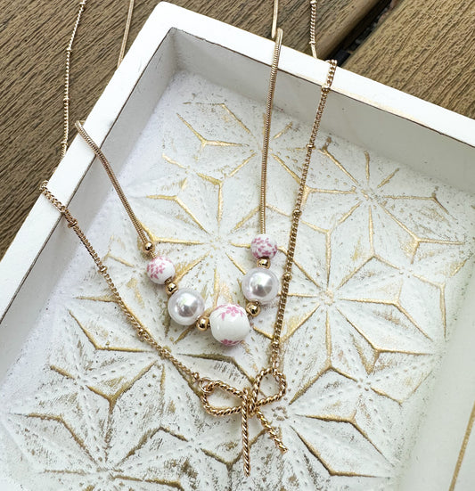 Pink Ceramic Pearl Bow Necklace
