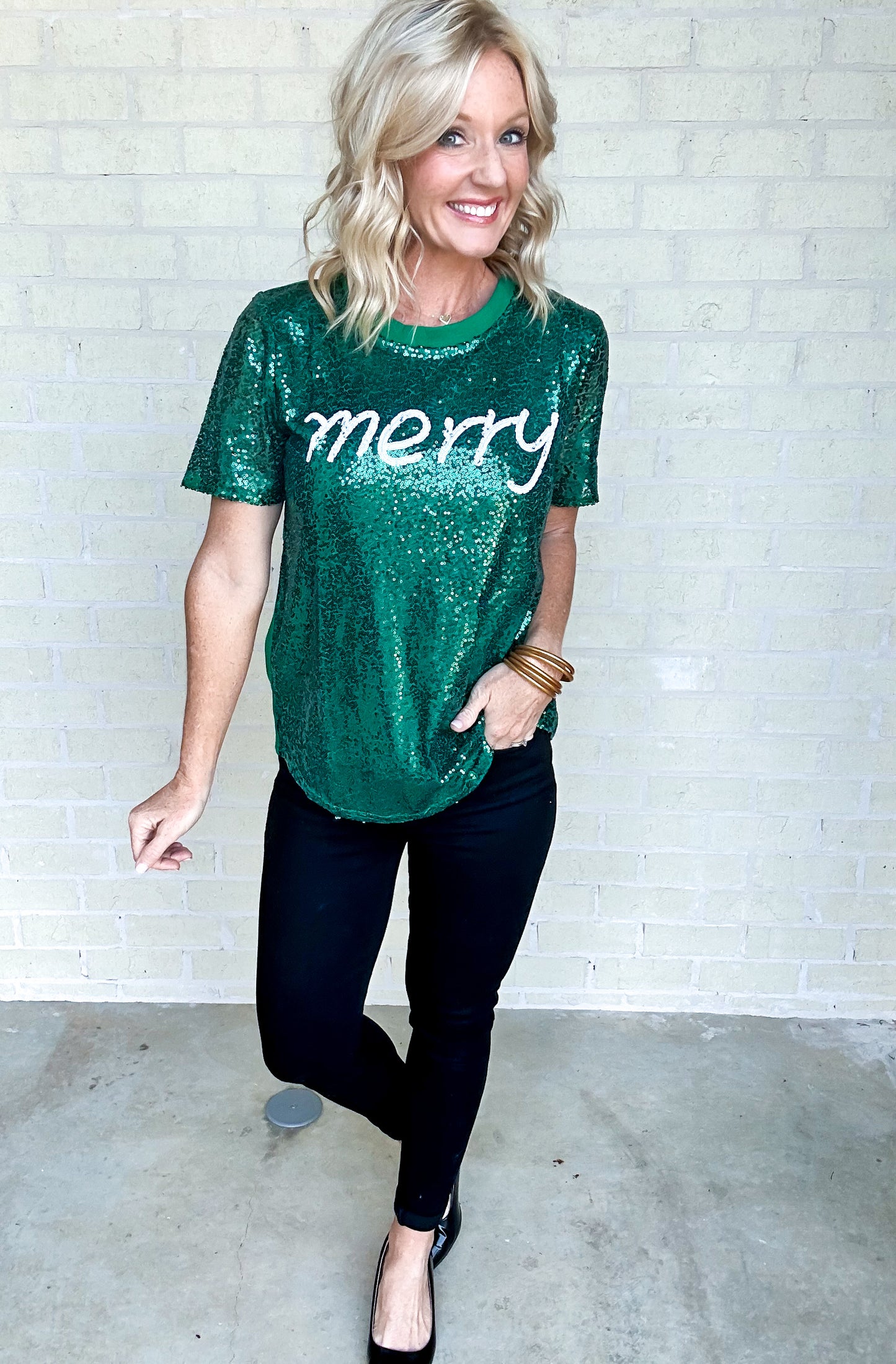 Sparkly & Sequin Merry Hunter Green Top