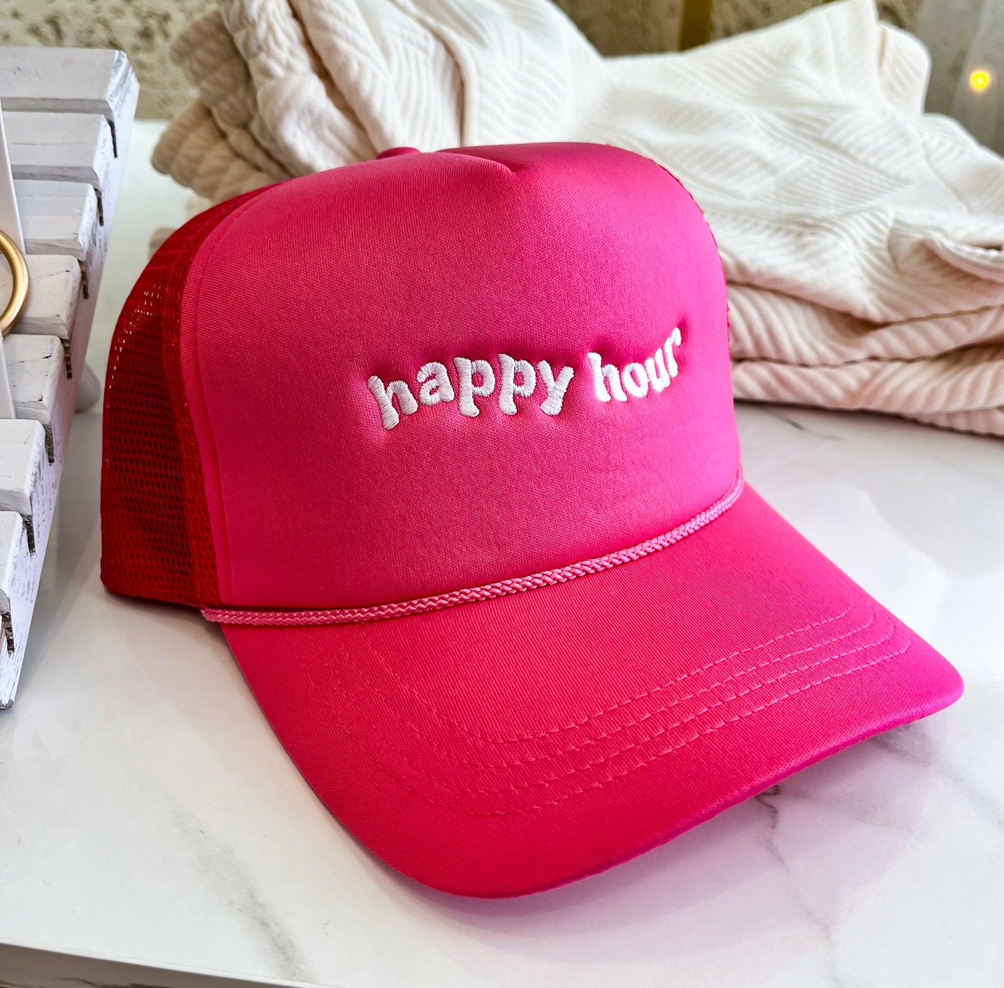 Happy Hour Embroidered Trucker Cap