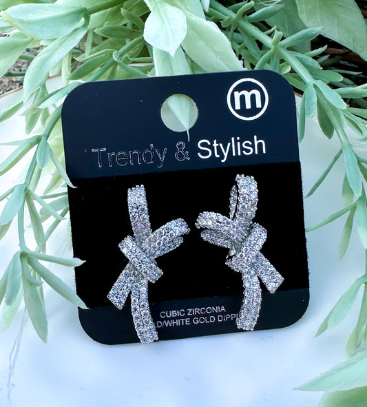 Silver Rhinestone Bow Stud Earrings