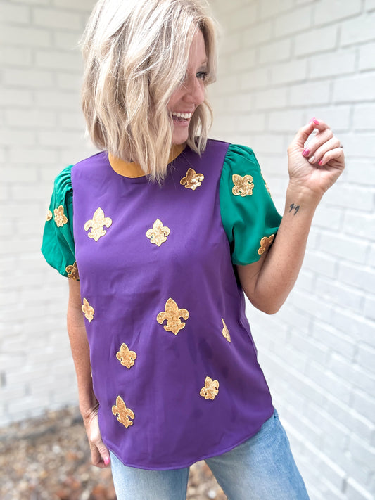 Sequin Fleur de Lis Mardi Gras Top