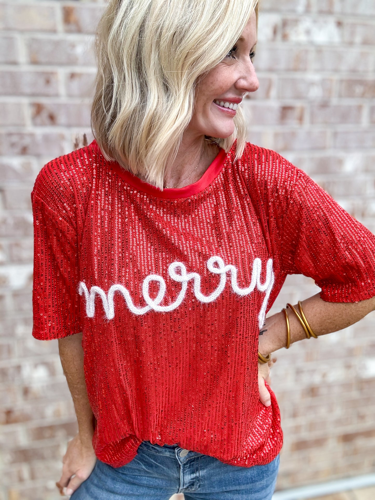 Merry Shimmer Statement Top