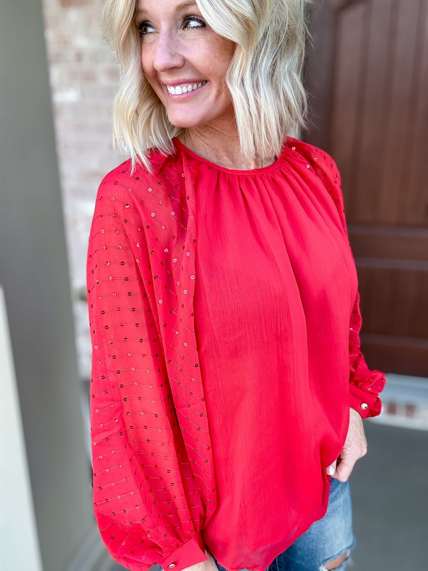 Festive Flare Chiffon Blouse in Red