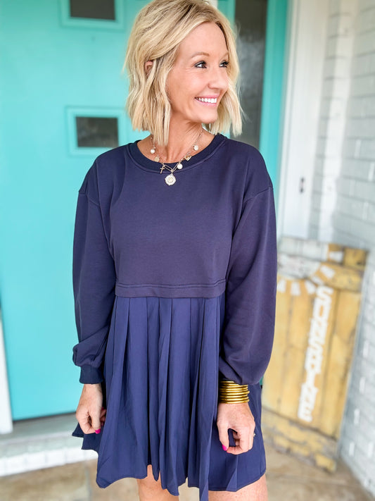 Navy Pleated Dress