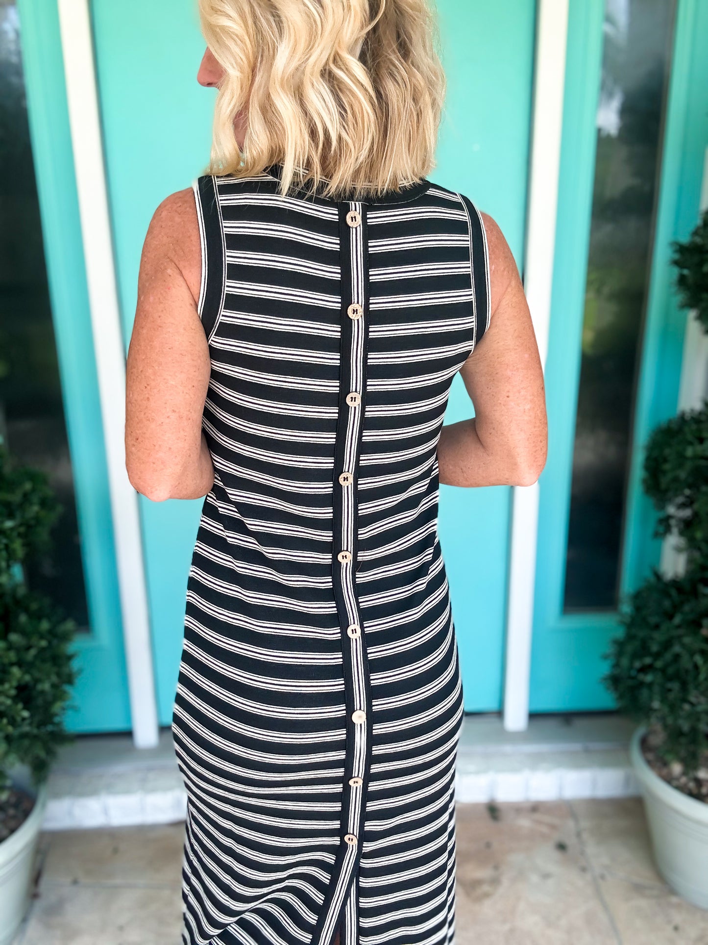 Chic Stripe Button Back Midi Dress