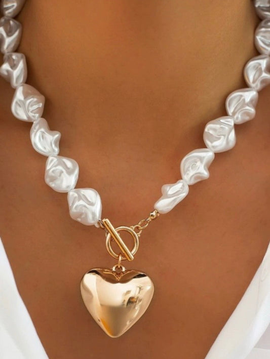 Pearl Beaded Heart Charm Necklace