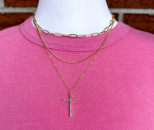 Triple Layer Rhinestone Cross Necklace