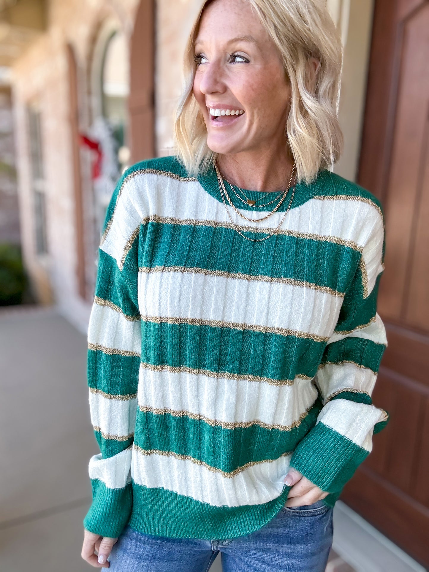 Green & Gold Stripes of Joy Sweater