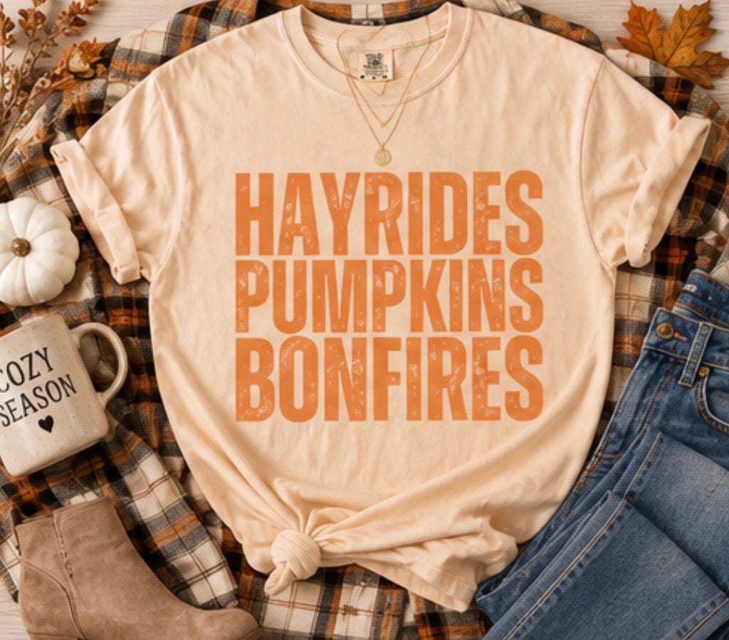 Hayrides Pumpkins Bonfire Tee