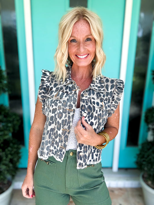 Leopard Ruffle Denim Vest