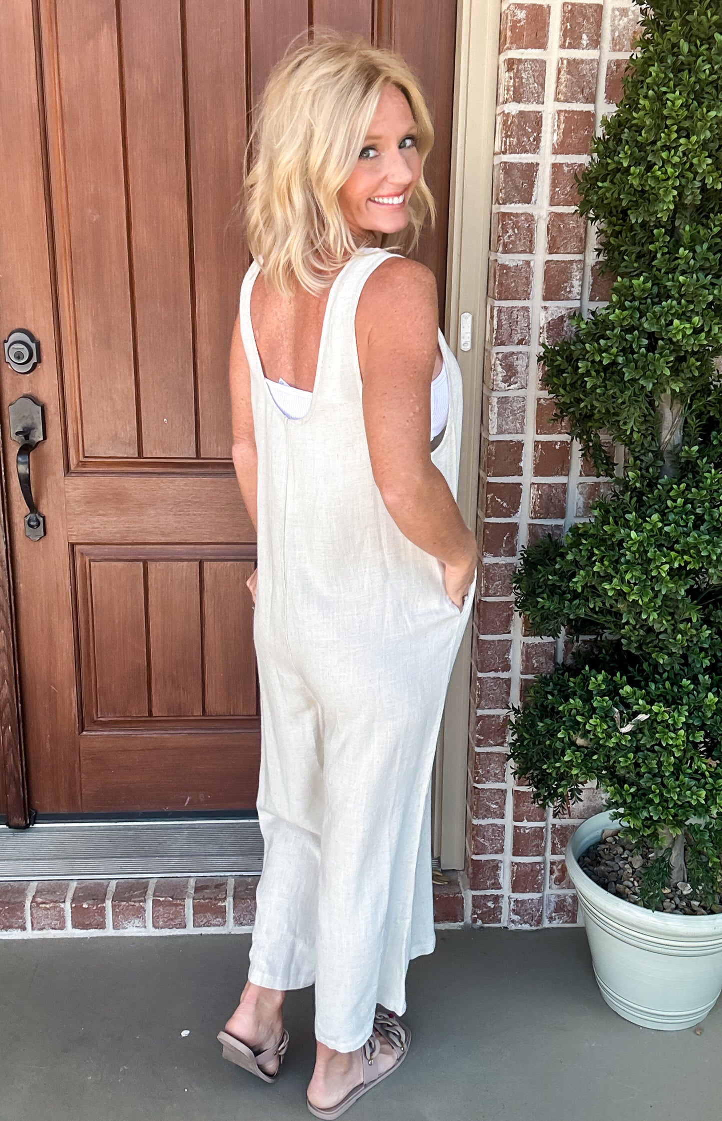 For Saturday’s Linen Jumpsuit -- Oatmeal