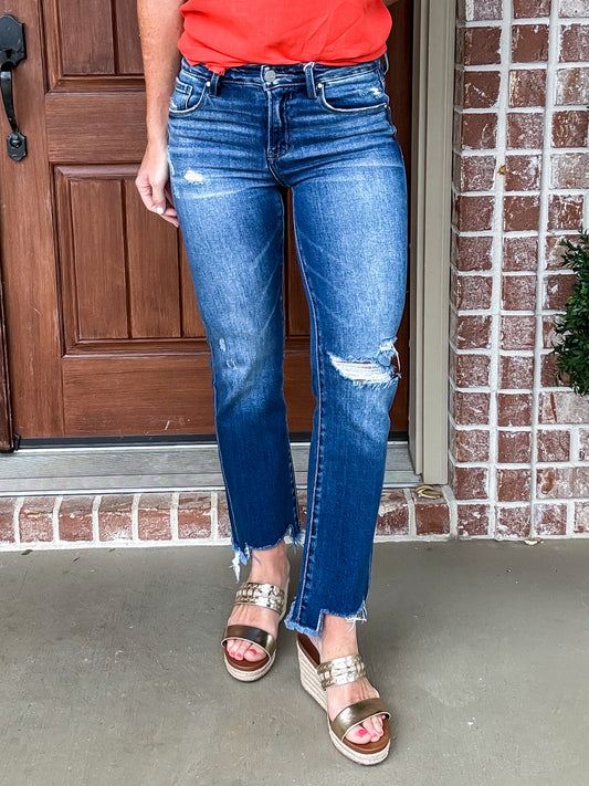 Malia Mid Rise Frayed Straight Jeans