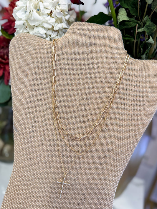 Triple Layer Rhinestone Cross Necklace