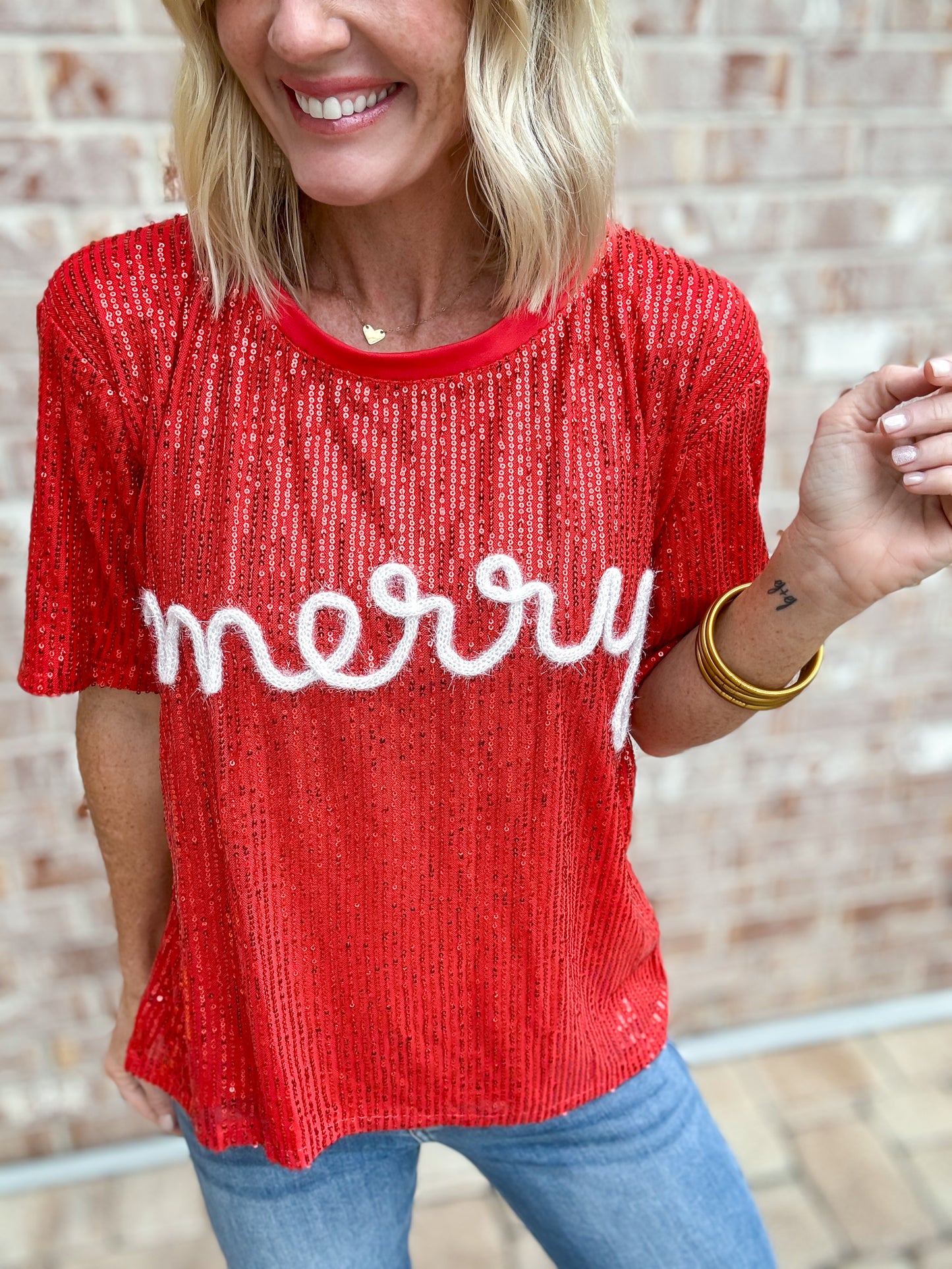 Merry Shimmer Statement Top