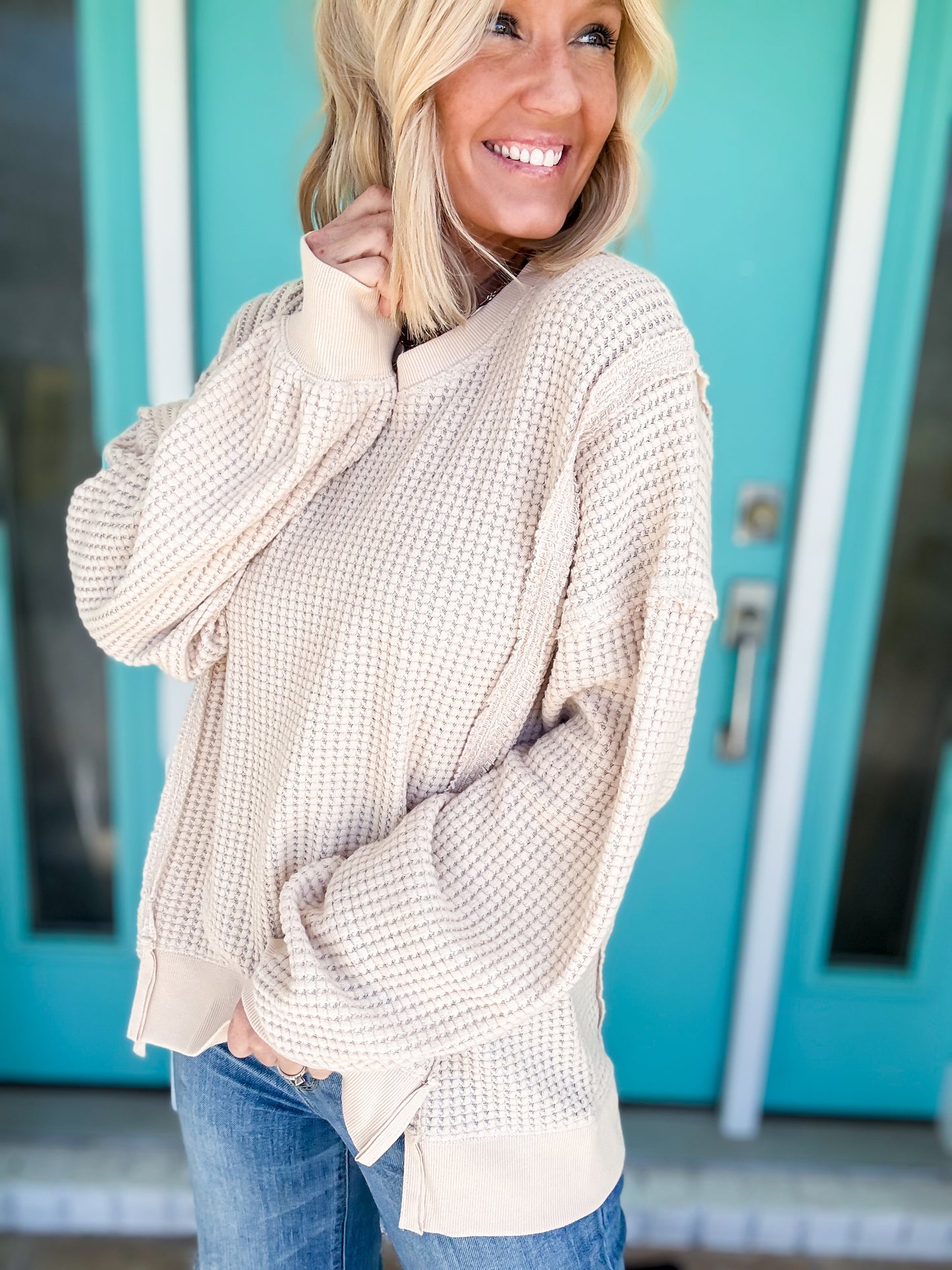 Cream Brule Waffle Knit Top