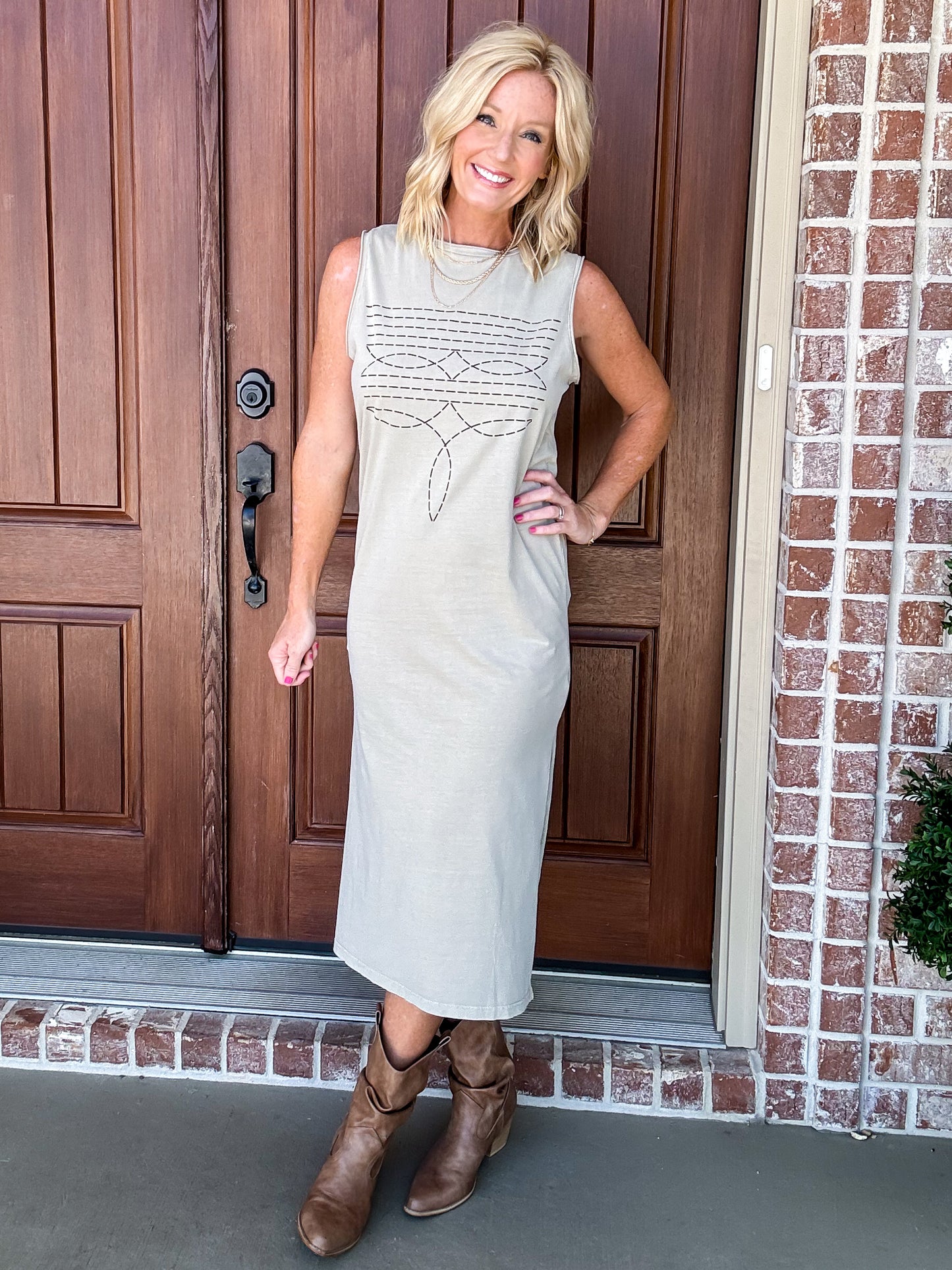 Cowboy Boots Toe Stitch Tank Midi Dress in Taupe