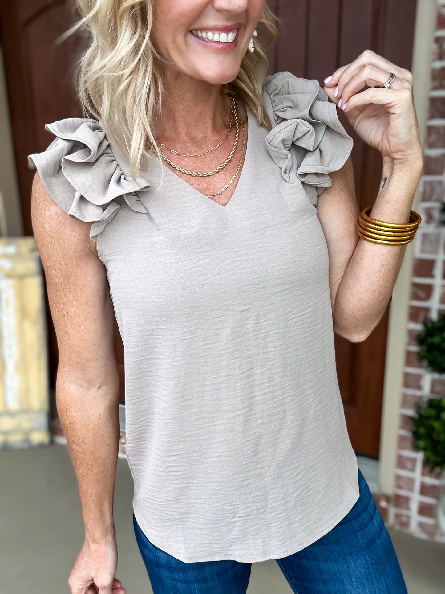 Airflow Ruffle Shoulder Blouse -- Taupe