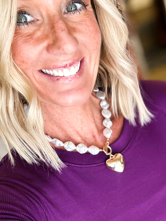 Pearl Beaded Heart Charm Necklace