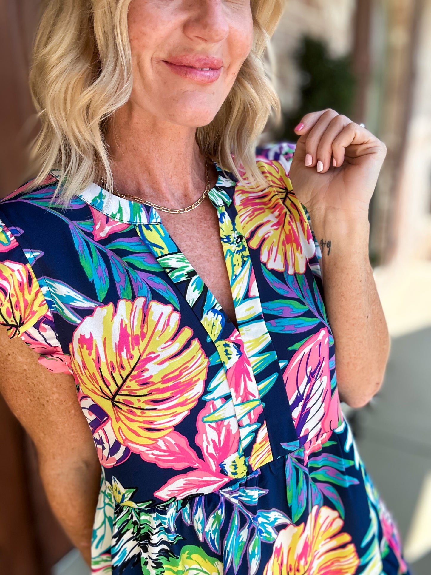 Tropical Print Tiered Dress — Navy