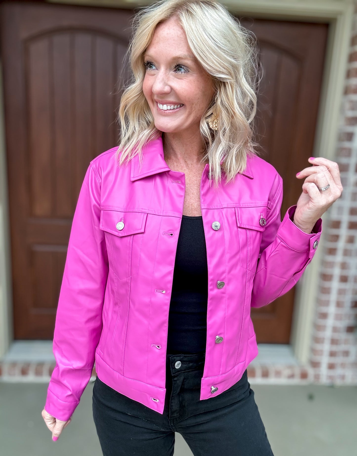 Pleather Button Down Jacket -- Pink