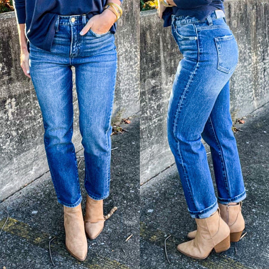 Dark Non-Distressed Cropped Mom Jeans