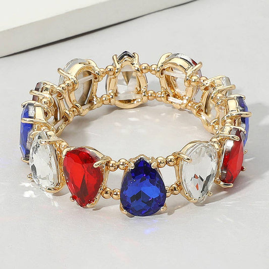 American USA Teardrop Glass Stone Cluster Stretch Evening Bracelet