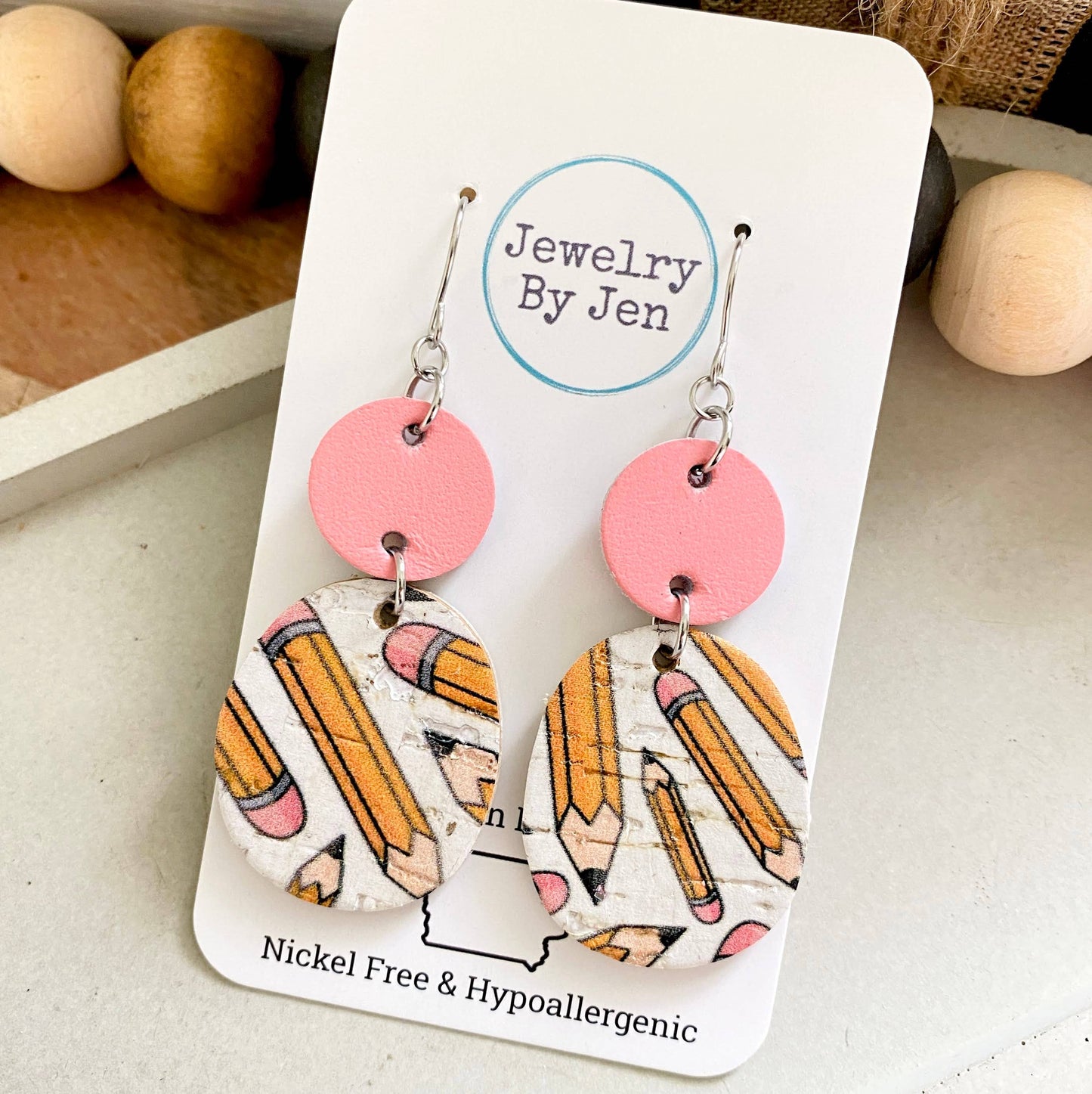 Eraser Pink & Pencils Rounded Square Earrings