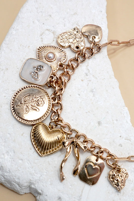 Bow Heart Pearl Cluster Charm Necklace