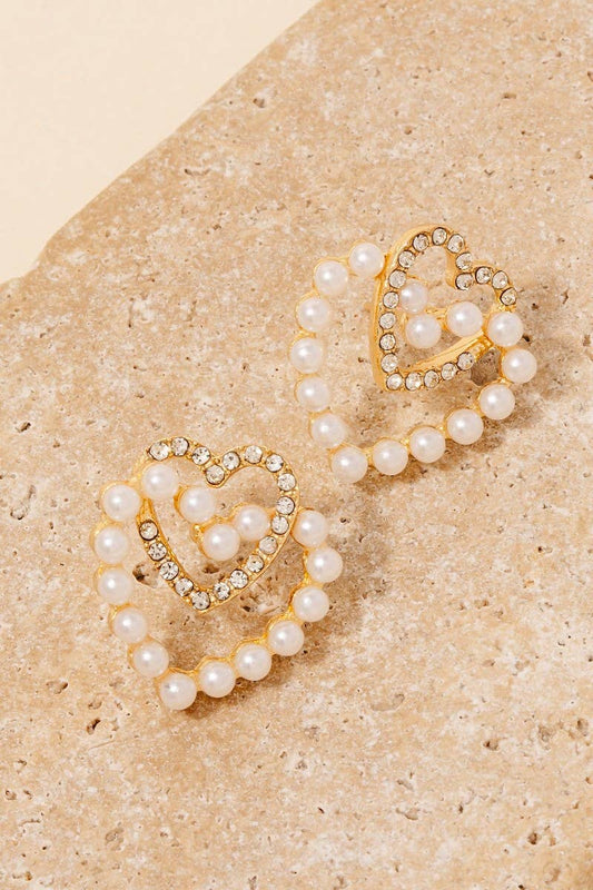 Pearl And Rhinestone Pave Layered Heart Dangle Earrings