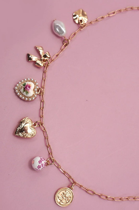 Ceramic Bow Heart Charm Link Necklace