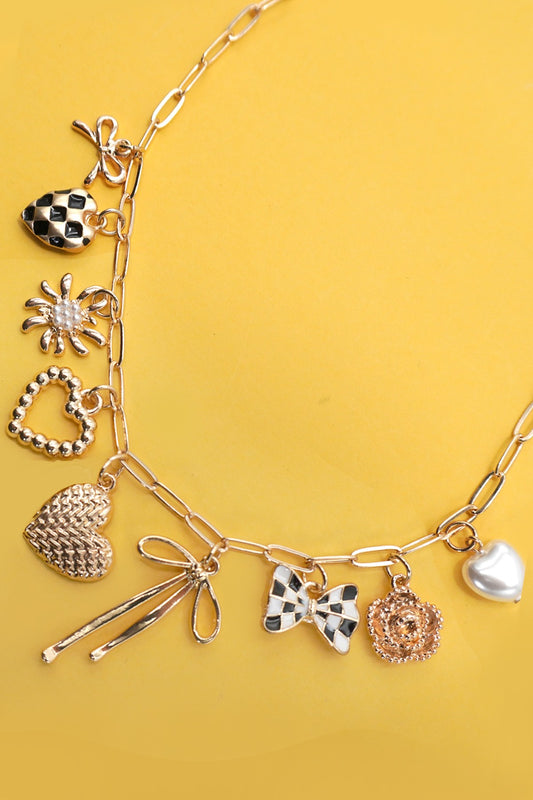 Checker Heart Floral Charm Necklace
